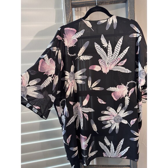 Boho Kimono Cardigan Sheer Feather Print Summer Cover Up Medium - Picture 3 of 6